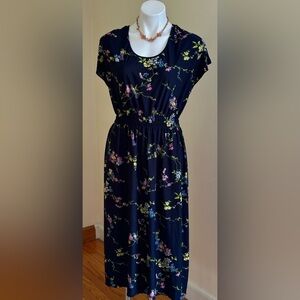 Young USA 🇺🇸 Blue Pink White Yellow Floral & Bird 🦜 Print  elastic Waist Sz S